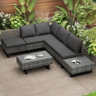 Merax Rattan Gartenmöbel Set für 4-5 Personen, Balkonmöbel Terassenmöbel Set mit Gartentisch, Gartenlounge Set 3 Teilig, Verstellbar Sofa, Grau