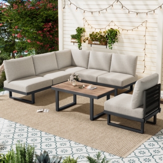 Merax 6-Sitzer Gartenmöbel-Set mit Couchtisch, umwandelbar in ein Liegebett, Stahl / Polyester grau