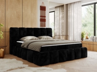 Boxspringbett mit dekorativem Kopfteil, Doppelbett mit zwei 7 Härtezonen Multipocket-Matratzen, Bettkästen, Polsterbett - NIRA - 200 x 200 cm - Schwarz Stoff - H3
