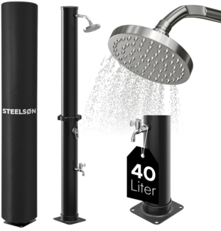 STEELSØN 'Velion' Solardusche 40 Liter, schwarz, warmes Wasser bis 60°C, schwankender Regenduschkopf und Wasserhahn, inkl. Schutzhaube