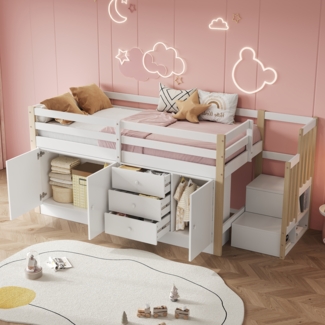 Merax 90*200cm Kinderhochbett, Kinderbett, Einzelbett, Multifunktions-Kinderbett, mit Treppe, mit Schubladen, mit 2 Stauschränken und Wäschestange, ohne Matratze, weiß