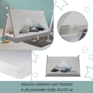 Homestyle4u Tipibett, Stoff grau, 90x200 cm
