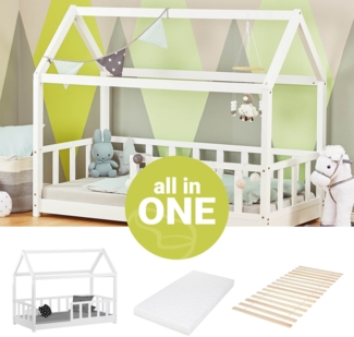 Homestyle4u Kinderbett mit Matratze und Rausfallschutz, Holzwerkstoff weiß, 80x160 cm