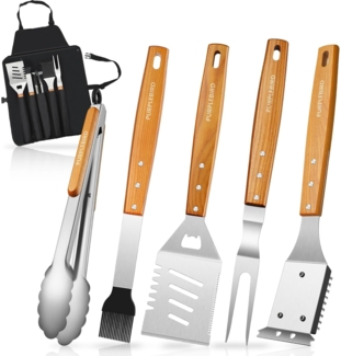 KraftGriller 'Premium' Grillbesteck-Set, 5-teilig, Edelstahl silber / Holzgriff natur