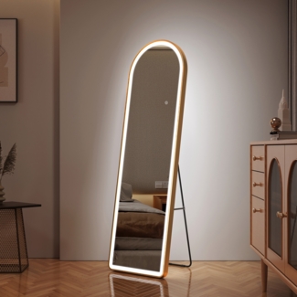 EMKE Bogen Standspiegel Ganzkörperspiegel mit LED Beleuchtung 3 Lichtfarbe Einstellbar Dimmbar, mit Rahmen aus Aluminiumlegierung Gold 147x45cm