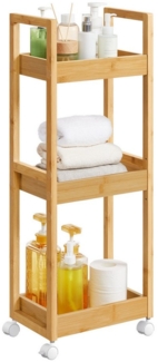 SONGMICS Badezimmerregal mit 3 Ebenen und Rollen, Bambus naturbeige, 30 x 20 x 80 cm