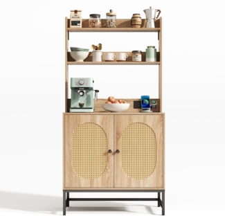 Merax Moderner Buffet-Schrank mit Eichenholz Dekor,Rattan-Doppeltür mit Stauraum, Mit USB&220V Steckdose, Offene Ablagen, Kippschutz