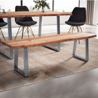 FineBuy Esszimmerbank Akazie Massivholz / Metall mit Baumkante, Esstischbank Holzbank Massiv ohne Lehne, Küchenbank Chrom Essbank Modern, Sitzbank Esszimmer Braun, 46 x 40 x 140 cm