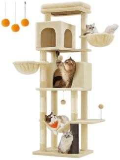 Feandrea XL Kratzbaum mit 2 Höhlen, 2 Liegemulden, 5 Kratzsäulen & Katzenbürste, Spanplatte / Plüsch sandbeige, 175 cm