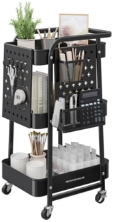 SONGMICS Rollwagen, Küchenwagen, 3 Metallgitterablagen, Servierwagen, 2 abnehmbare Lochplatten, 2 Hängekörbe, 4 Haken, für Büro, Küche, Wohnzimmer, Badezimmer