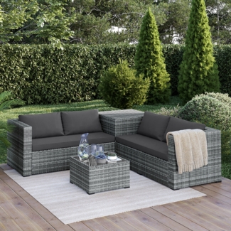 STEELSØN 'Veloria' Polyrattan 4-tlg. Gartenlounge mit Tisch und Aufbewahrungsbox, grau-meliert/anthrazit, wetterfest, für 4 Personen