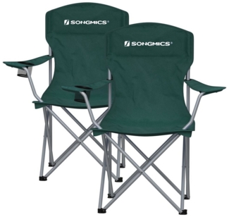 Campingstuhl, 2er-Set, klappbar, komfortabel, Klappstuhl mit robustem Gestell, bis 150 kg belastbar, mit Flaschenhalter, Dunkelgrün