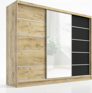 Schwebetürenschrank, 3-türig Schrank 200 cm mit Spiegel AURELIA 1. Farbe: Eiche Kraft gold, schwarz