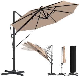 KESSER® Sonnenschirm Ampelschirm SUN Rund XL Ø330 cm Inkl. Abdeckung + Windsicherung 7-Fach Verstellbar Drehbar Neigbar Kippbar Groß 360° Drehbar Gartenschirm mit Kurbel Sonnenschutz UV50+ Beige, Ohne LED