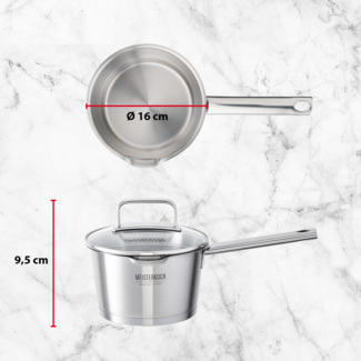MEISTERKOCH Topf aus gebürstetem Edelstahl 16 cm Ø | mit Ausguss, Innenskalierung und isolierenden Kaltgriffen | 1 Glasdeckel mit feinem und grobem Sieb | Kochgeschirr rostfrei, induktionsgeeignet