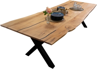 Baumkantentisch Akazie mit schwarzen Resin-Adern naturfarben 280 x 100 cm Spider-Gestell schwarz POLLY 92305972