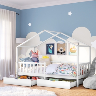 Bellabino 'Bia' Hausbett 80x160 cm mit 2 Schubladen, weiß, Kiefer Massivholz, Montessori Kinderbett mit Stauraum, inkl. Rausfallschutz und Lattenrost