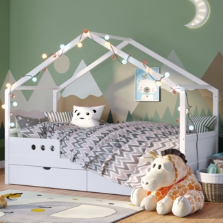 Bellabino 'Bela' Hausbett 90x200 cm mit 2 Schubladen, weiß, Kiefer Massivholz, Montessori Kinderbett mit Stauraum, inkl. Rausfallschutz und Lattenrost