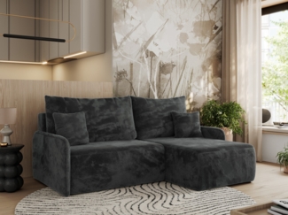Ecksofa für das Wohnzimmer, mit losen Kissen, Schlaffunktion und Bettkästen, L-förmiges Ecksofa mit Armlehnen, Wellenfeder - ARPA - Dunkelgrau Plüschstoff - rechte Seite