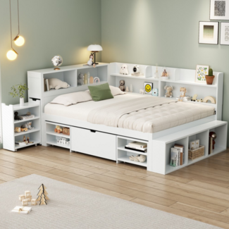 Merax Kinderbett mit Schubladen, Bücherregal & Stauschrank, mit Lattenrost, ohne Matratze, Plywood weiß, 140 x 200 cm