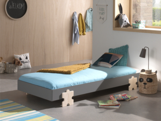 Vipack Modulo Einzelbett/Stapelbett 90x200 cm Liegefläche, grau lackiert, Fuß Puzzle-Optik Kiefer natur lackiert