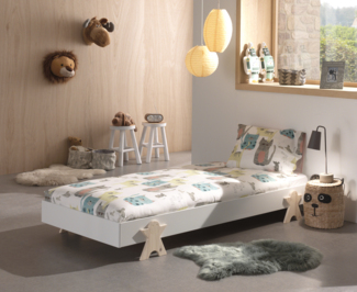 Vipack Modulo Einzelbett/Stapelbett 90x200 cm Liegefläche, weiß lackiert, Fuß Smileystern-Optik Kiefer natur lackiert