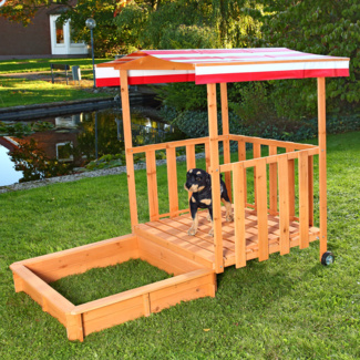 Mucola Sandkasten mit Spielveranda und Dach, Holz natur / rot, 100 x 182 x 140 cm