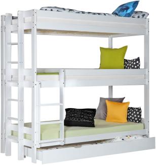 Homestyle4u Etagenbett mit 3 Liegeflächen und Bettkasten, Kiefernholz weiß, 90x200 cm