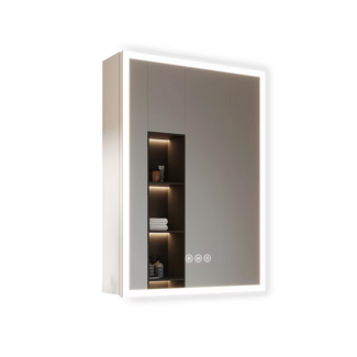 EMKE Spiegelschrank Bad mit Beleuchtung, 50x70x14,5 cm, Antibeschlag, 3 Lichtfarbe dimmbar, Steckdose, Glasablage, Speicherfunktion, Silberweiß doppelspiegel spiegelschrank, Acryl-Leuchtmaterial