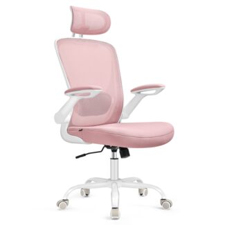 Songmics Bürostuhl ergonomisch, mit Mesh, gepolsterte Lendenstütze, Wippfunktion, 53 cm große Sitzfläche, klappbare Armlehnen, Kopfstütze, pastellrosa, 64x64 x (115-130) cm
