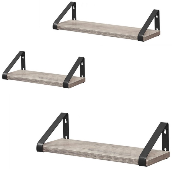 Vasagle Wandregal, 3-tlg, Holzspanplatte / Stahl grau, Länge 30/35/40 cm