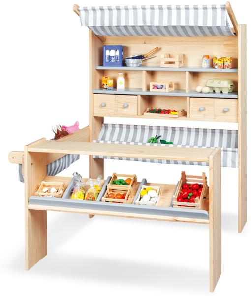 Pinolino 'Lucy' Marktstand, geeignet für Kinder von 2-8 Jahren, Kiefer / MDF, natur / grau, 107 x 95 x 127 cm