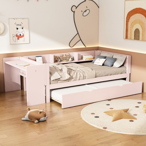 Merax 90*200cm, Flachbett, mit ausziehbarem Bett, mit Schreibtisch, drei Regale an der Seite des Bettes, Rosa