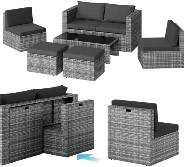 STEELSØN 'Noctura' Polyrattan 6-tlg. Gartenlounge, Sitzgruppe aus Sofa, Tisch, 2x Sessel, 2x Sitzhocker, grau-meliert/anthrazit, wetterfest, für 6 Personen