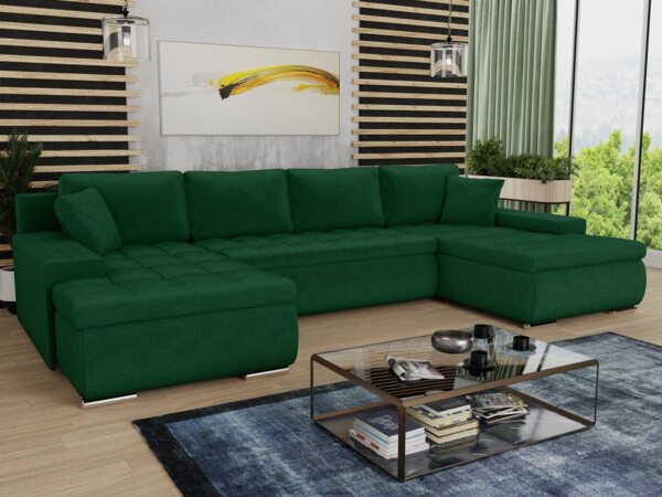 Wohnlandschaft mit Schlaffunktion Faris U-Form - Couch, Schlafsofa mit Bettkasten, Couchgranitur mit Bettfunktion, Big Sofa, Bettsofa (Grün (Kronos 19))
