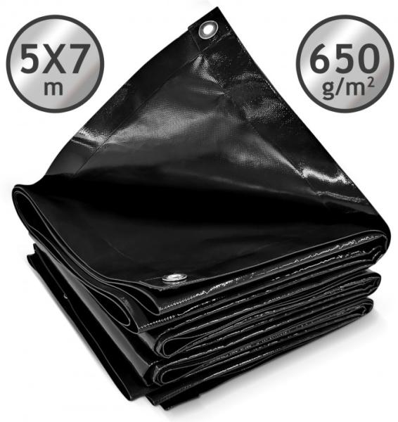 Jago® Abdeckplane mit 24 Ösen, wasserdicht und reißfest, PVC, Schwarz, 5x7 m, 650 g/m²