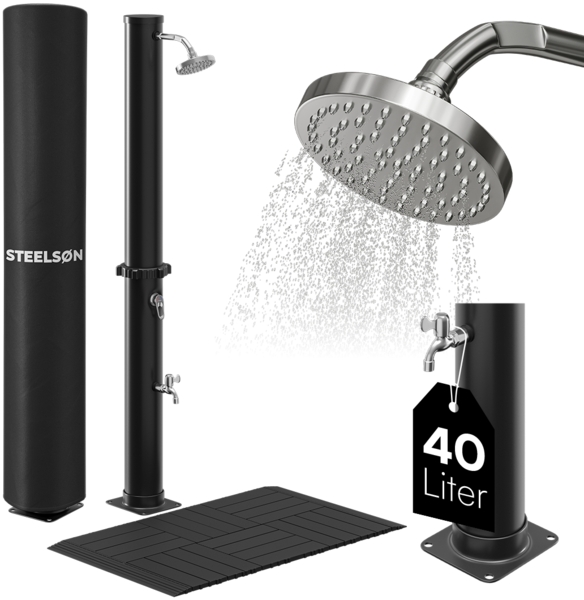 STEELSØN 'Velion' Solardusche 40 Liter, schwarz, warmes Wasser bis 60°C, schwankender Regenduschkopf und Wasserhahn, inkl. Schutzhaube und Kunststoffboden