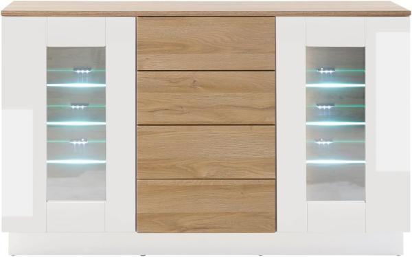 Sideboard Savanna in Hochglanz weiß und Eiche 136 x 85 cm