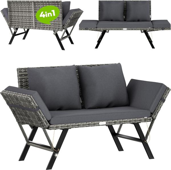 Casaria® Gartenbank mit Liegefunktion / Auflage / Kissen, Polyrattan grau, 176 x 56 x 81 cm