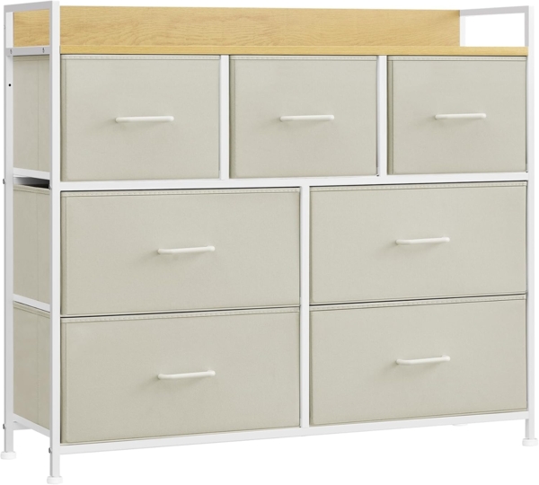 Songmics Kommode mit 7 Stoffschubladen, Holz / Metall cremeweiß-wolkenweiß, 98 x 28,5 x 85 (BxTxH) cm