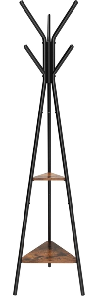 Vintage Garderobenständer in Baumform, Kleiderständer, freistehende Garderobe, im Industriedesign, mit 2 Ablagen, für Kleidung, Hüte, Taschen, schwarz + dunkelbraun, RCR16BX