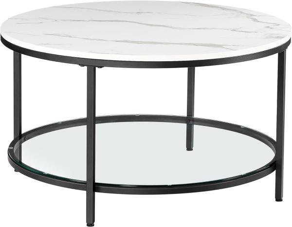 Vasagle Couchtisch mit Glasplatte, Holz / Stahl, Marmorweiß-Tintenschwarz, Ø 80x46 cm