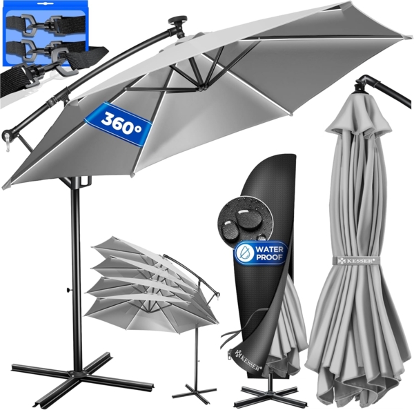 Kesser® Sonnenschirm LED Solar mit Abdeckung, Polyester / Aluminium hellgrau, Ø 300cm