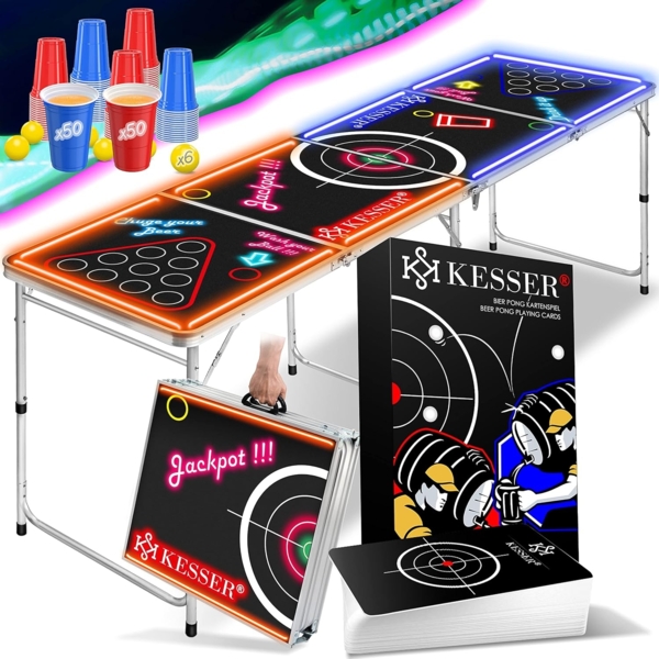 KESSER® Beer Pong Tisch Set mit LED, Kartenspiel, 100 Becher & 6 Bälle, höhenverstellbar / klappbar, Aluminium schwarz, 61 x 244 x 76 cm
