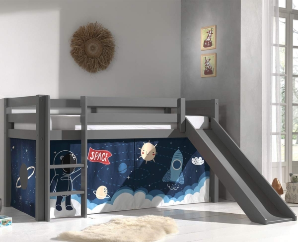 Vipack 'Pino' Halbhochbett 90x200 cm, grau, Kiefer massiv, mit Rutsche und Textilset 'Space Shuttle'