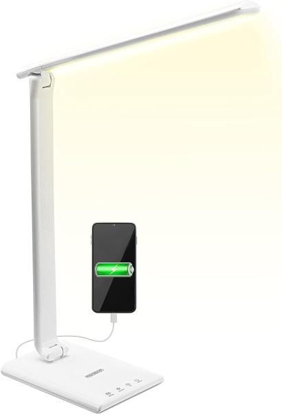monzana 'Cataleya' Tischleuchte, weiß, LED-Schreibtischlampe mit 3 Farb- & 5 Helligkeitsstufen, USB