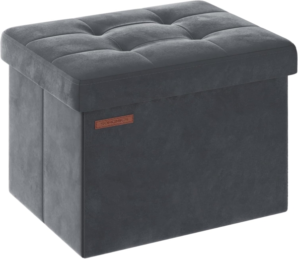 Songmics Sitzbank mit Stauraum aus Samt, klappbare Sitztruhe, Aufbewahrungsbox mit Deckel, Fußbank, 31 x 41 x 31 cm, bis 130 kg belastbar, für Flur, Wohnzimmer, Schlafzimmer, schiefergrau LSFDE200G01