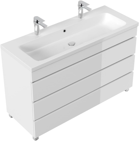 Stand Doppel Badmöbel Via 120 weiss hochglanz mit 3 grifflosen Schubladen : Weiss hochglanz