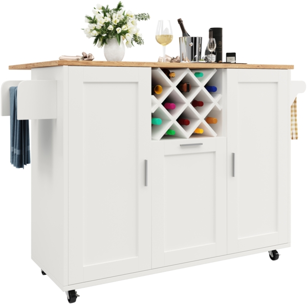 Merax Kücheninsel mit herausnehmbaren Trennwänden, Küchenschrank, Esszimmerwagen mit Arbeitsplatte, Buffetschrank, Esszimmerwagen mit Holzmaserung, seitlicher Handtuchhalter mit Flaschenhalter, weiß