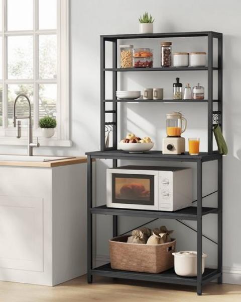 Vasagle Küchenregal, Standregal mit Ablagen, mit 6 Haken und Metallrahmen, Industrie-Design, für Mikrowelle, Kochutensilien, anthrazitgrau-tintenschwarz, 80 x 40 x 167 cm